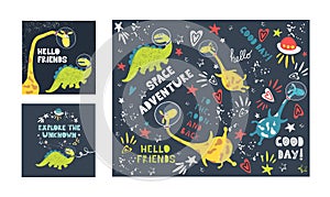 A series of postcards with cute dinosaurs, giraffes and inscriptions. Hand-drawn vector cartoons in the style of the space